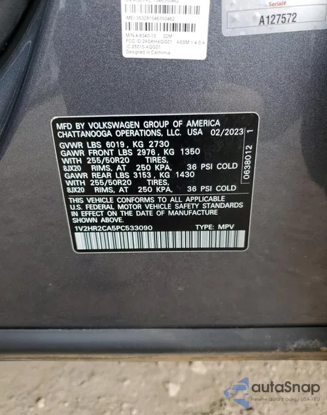 2023 Volkswagen Atlas 3.6L V6 Se W/Technology z USA, uszkodzony, nr VIN 1V2HR2CA5PC533090